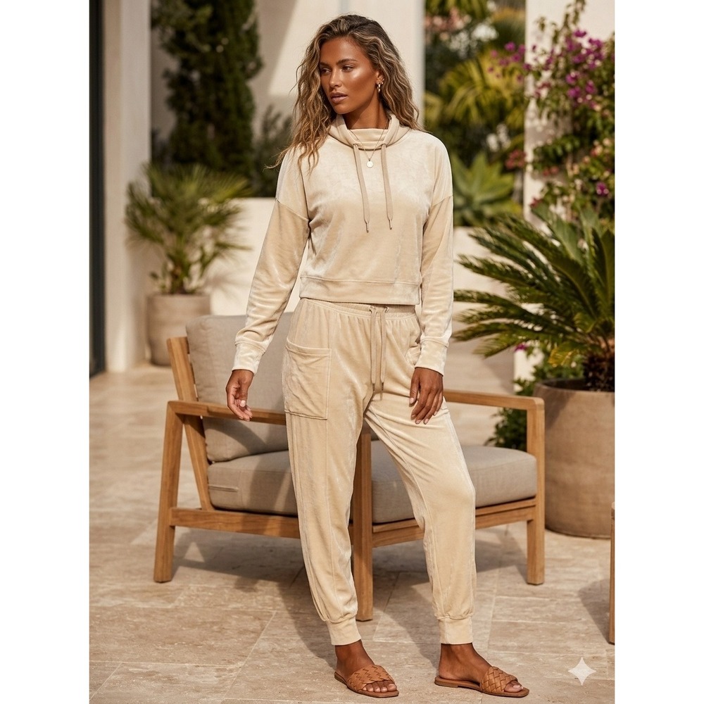 Aerie OFFLINE After Party Velour Jogger Hoodie Set Beige Small Top Medium Bottom
